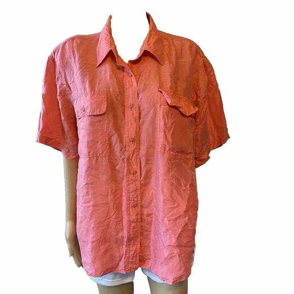 VTG Silk King 100% Silk Buttons Up Shirt Women Size L Pink Pockets - Picture 1 of 6